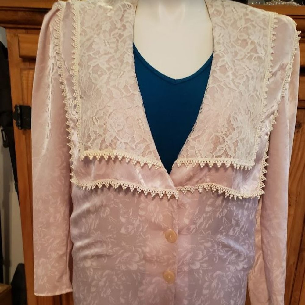 Vintage 1980s Scott McClintock SZ 8 Pale Pink Lace Long Sleeve Blouse sz…